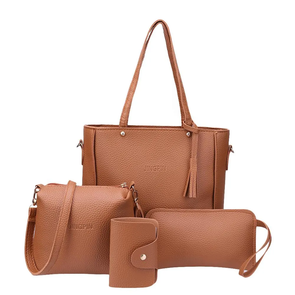 4Pcs/Sets Women Ladies Leather Handbag Messenger Tote Purse Shoulder Bags Satchel Wallets 4Pcs Solid PU Leather Wallets