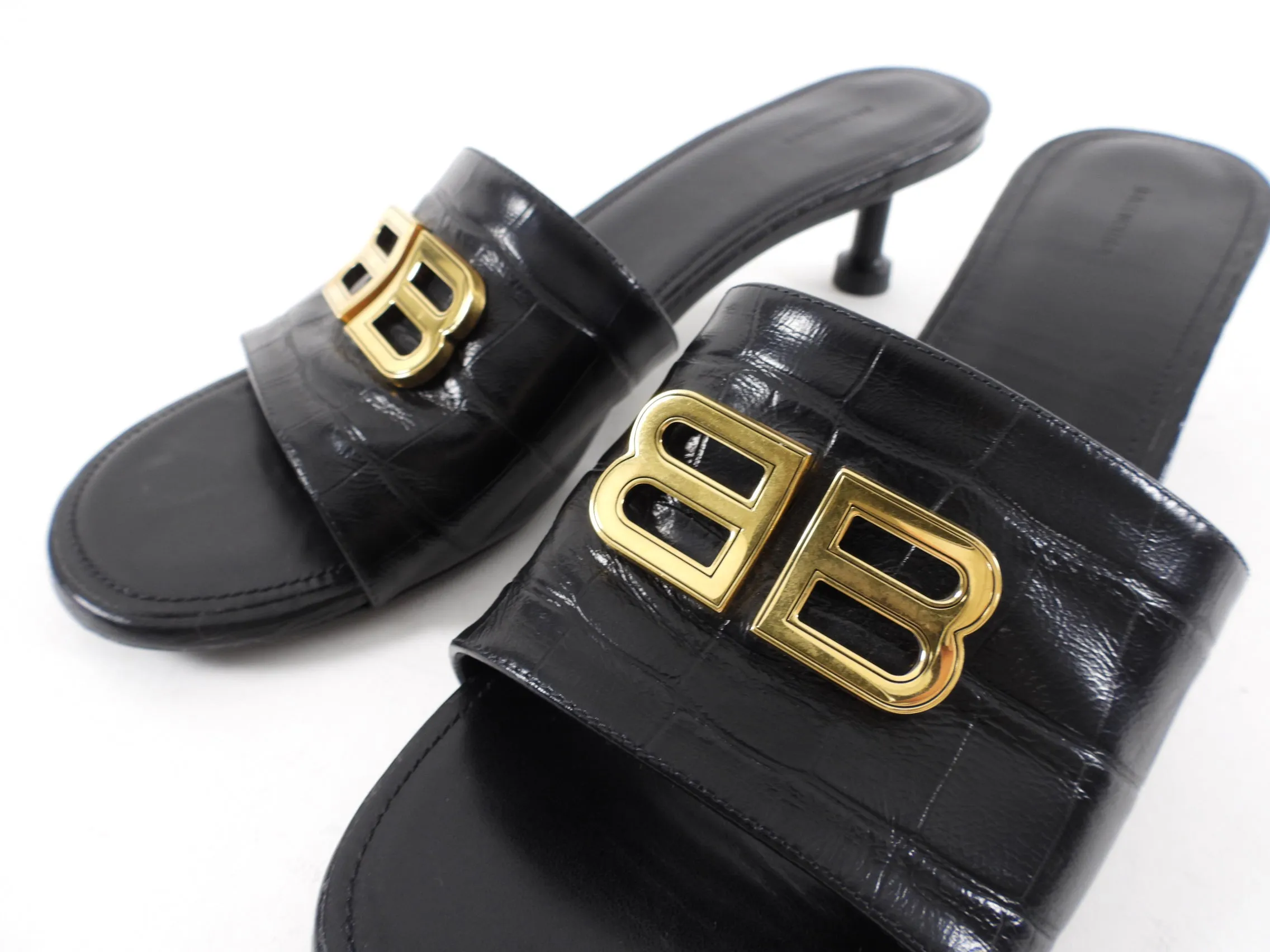 Balenciaga Black Embossed Leather BB Mules - 40