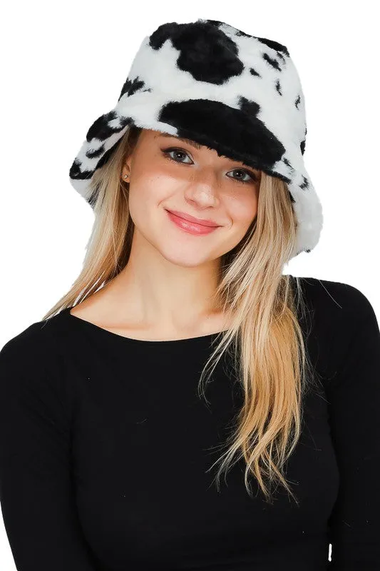 Black Cow Patterned Faux Fur Bucket Hat