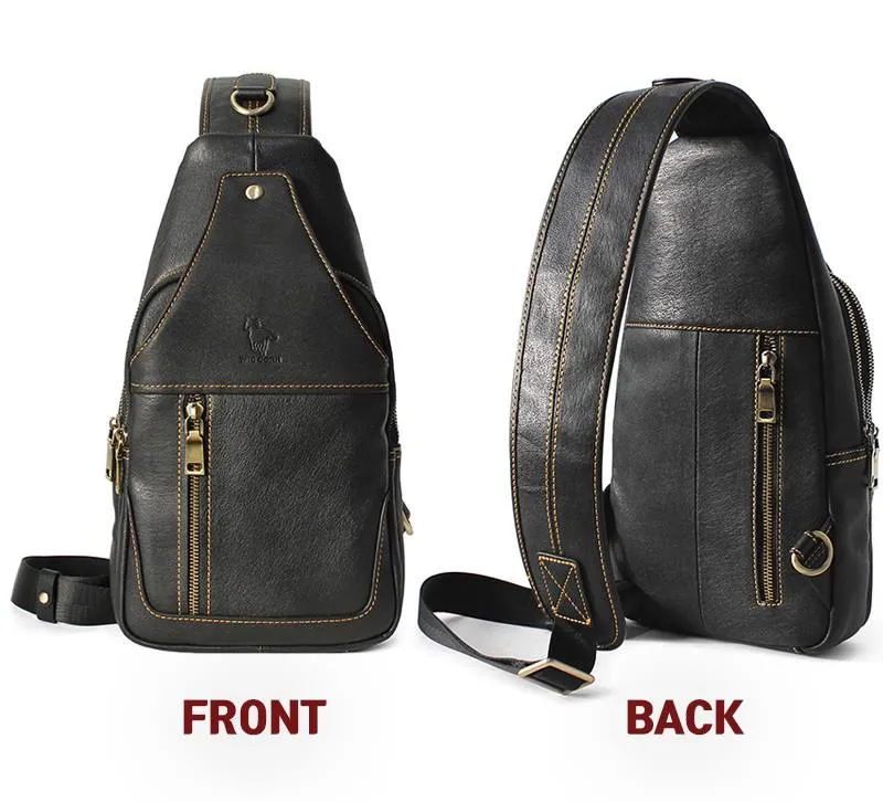 Black Genuine Cowhide Leather Sling Bags Messengers Travel Backpacks