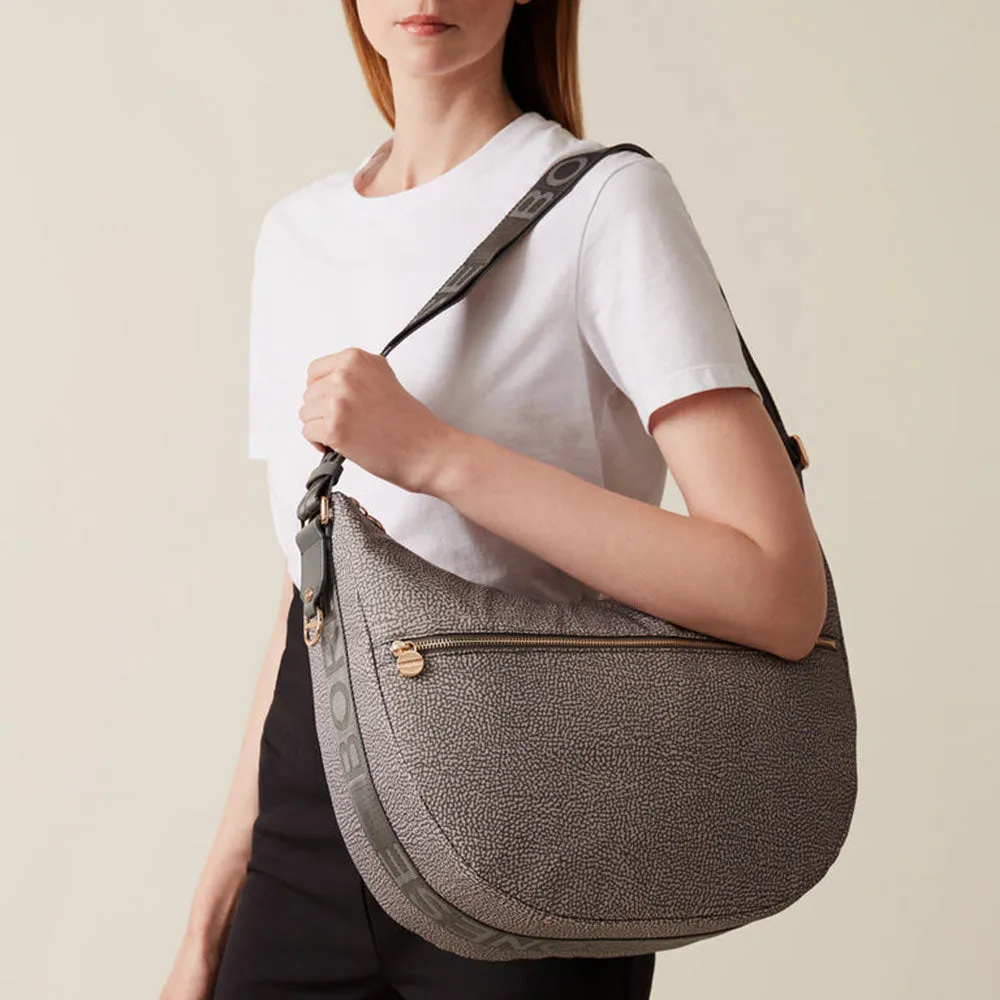 Borsa a Tracolla BORBONESE Luna Bag Medium linea Jet Op in Tessuto Colore Clay Grey