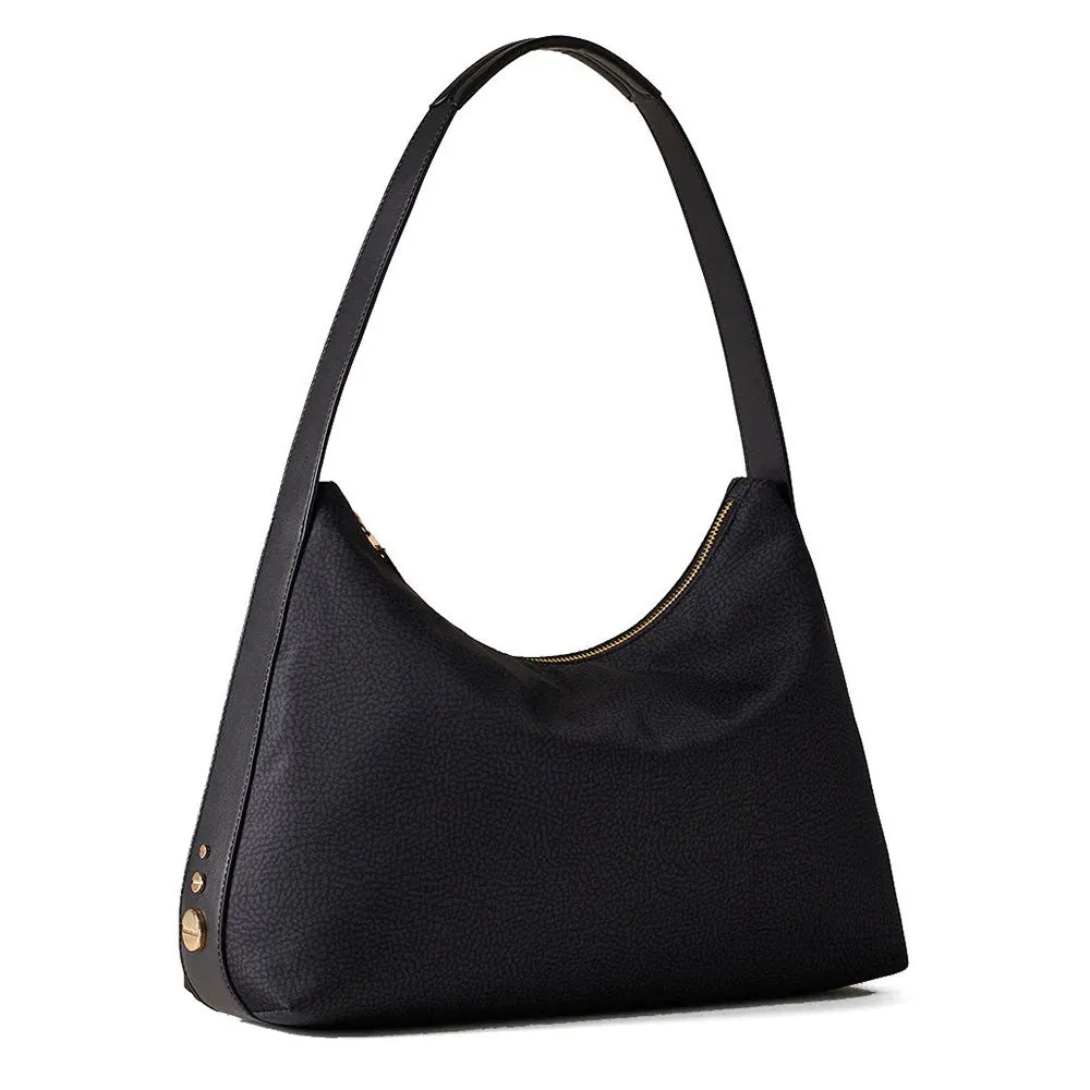 Borsa Donna a Spalla BORBONESE linea Road Medium in Nylon stampa OP e Pelle Dark Black