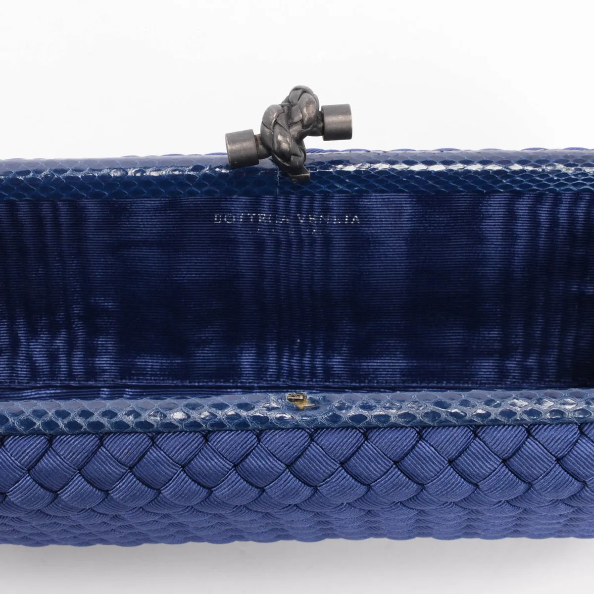 Bottega Veneta Blue Satin Intrecciato Stretch Knot Clutch