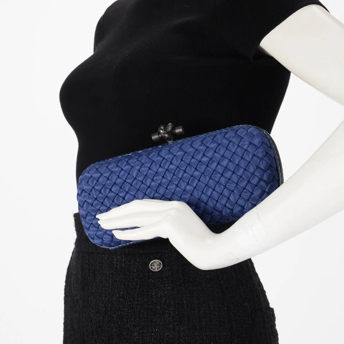 Bottega Veneta Blue Satin Intrecciato Stretch Knot Clutch