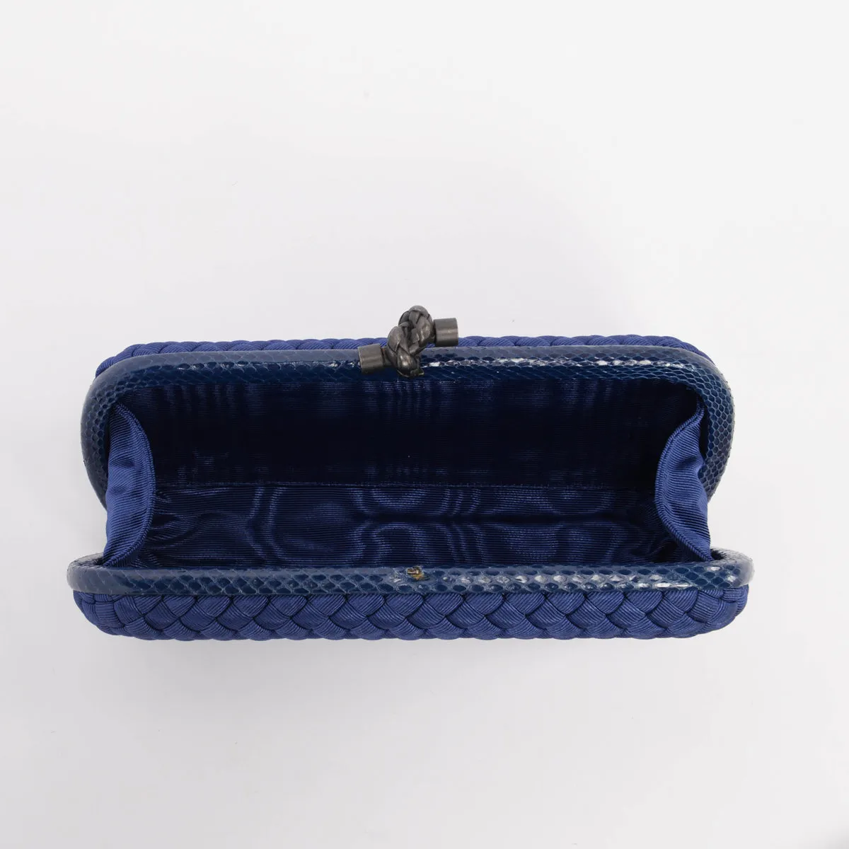 Bottega Veneta Blue Satin Intrecciato Stretch Knot Clutch