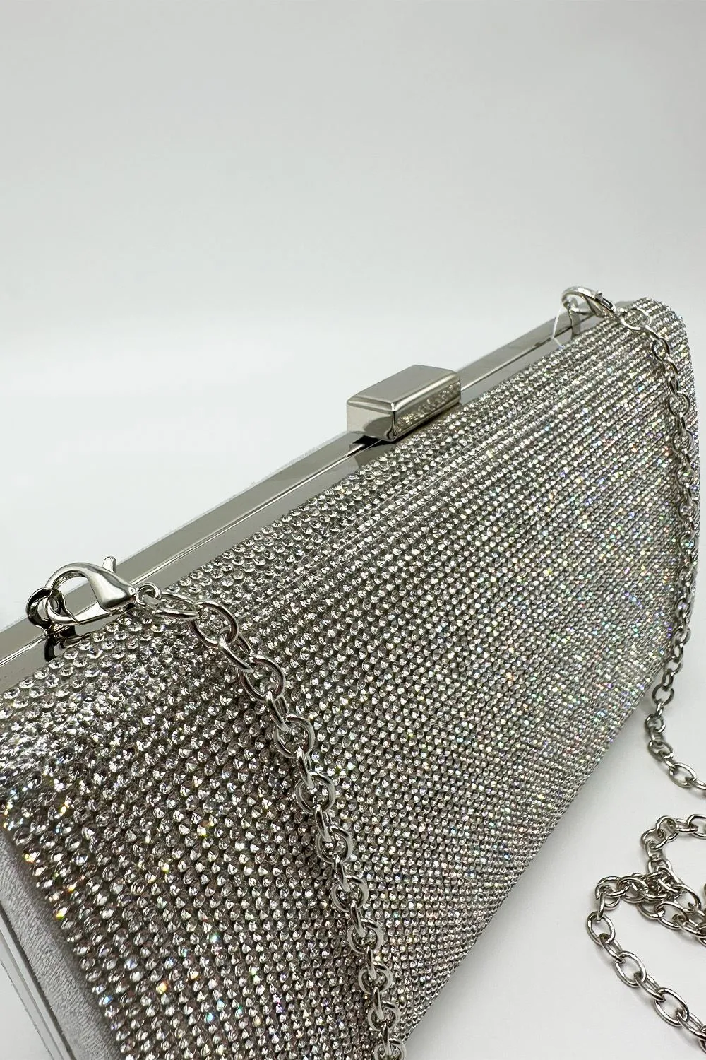 Carna Diamante Embellished Rectangle Clutch Bag in Silver