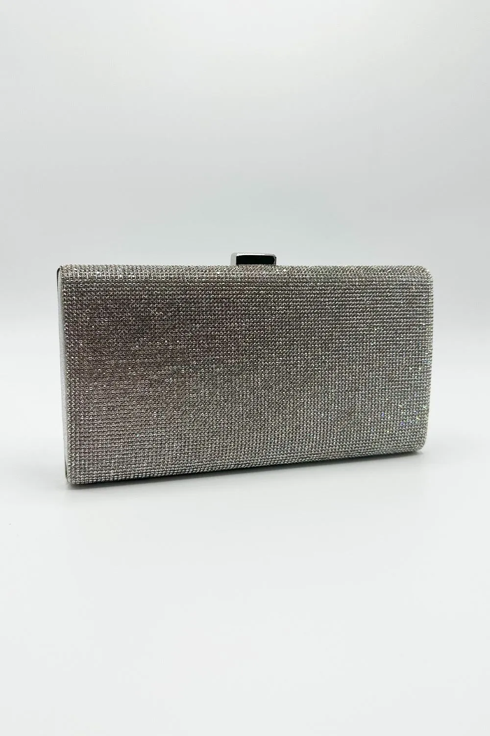 Carna Diamante Embellished Rectangle Clutch Bag in Silver