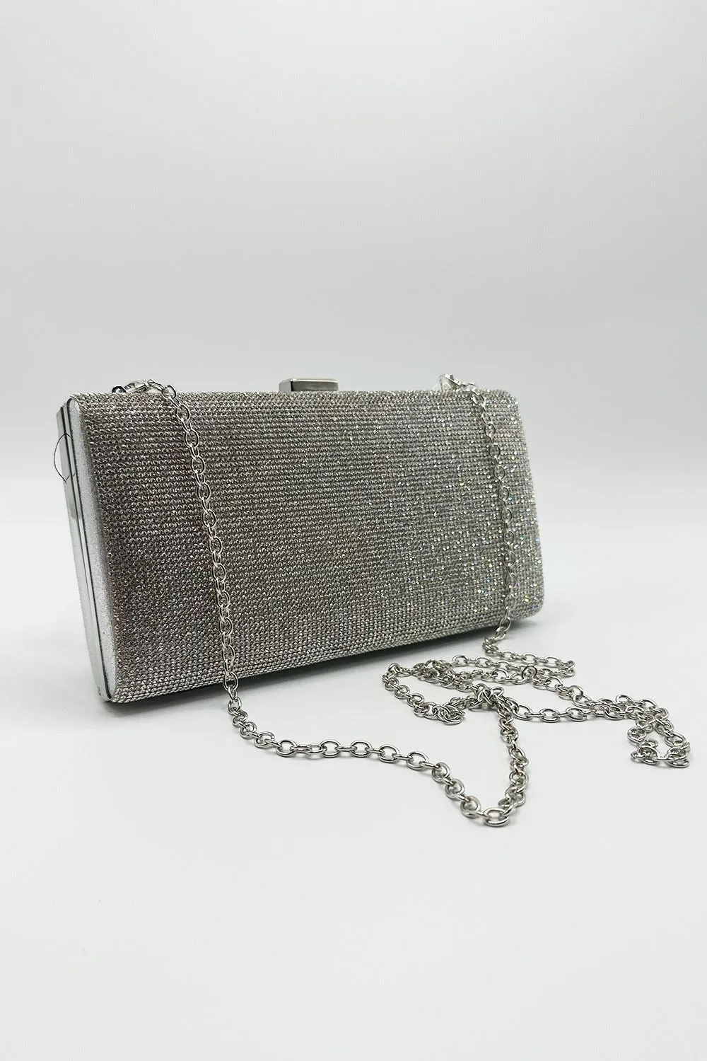 Carna Diamante Embellished Rectangle Clutch Bag in Silver