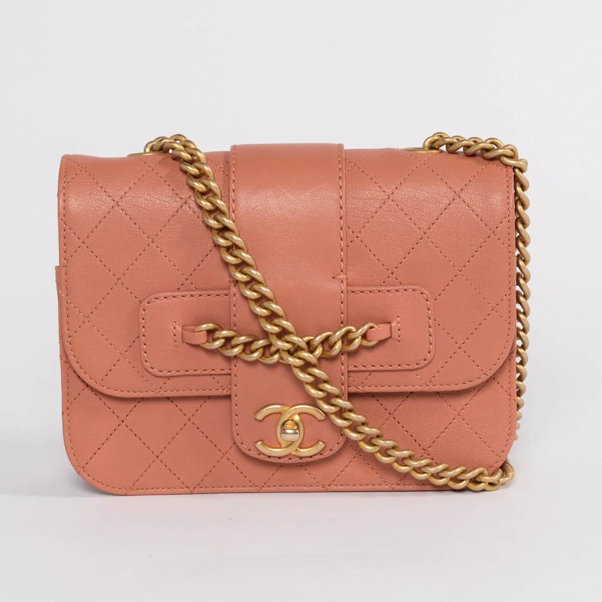 Chanel Pink Quilted Sheepskin Front Chain Flap Bag