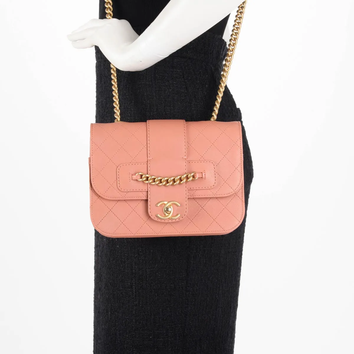 Chanel Pink Quilted Sheepskin Front Chain Flap Bag