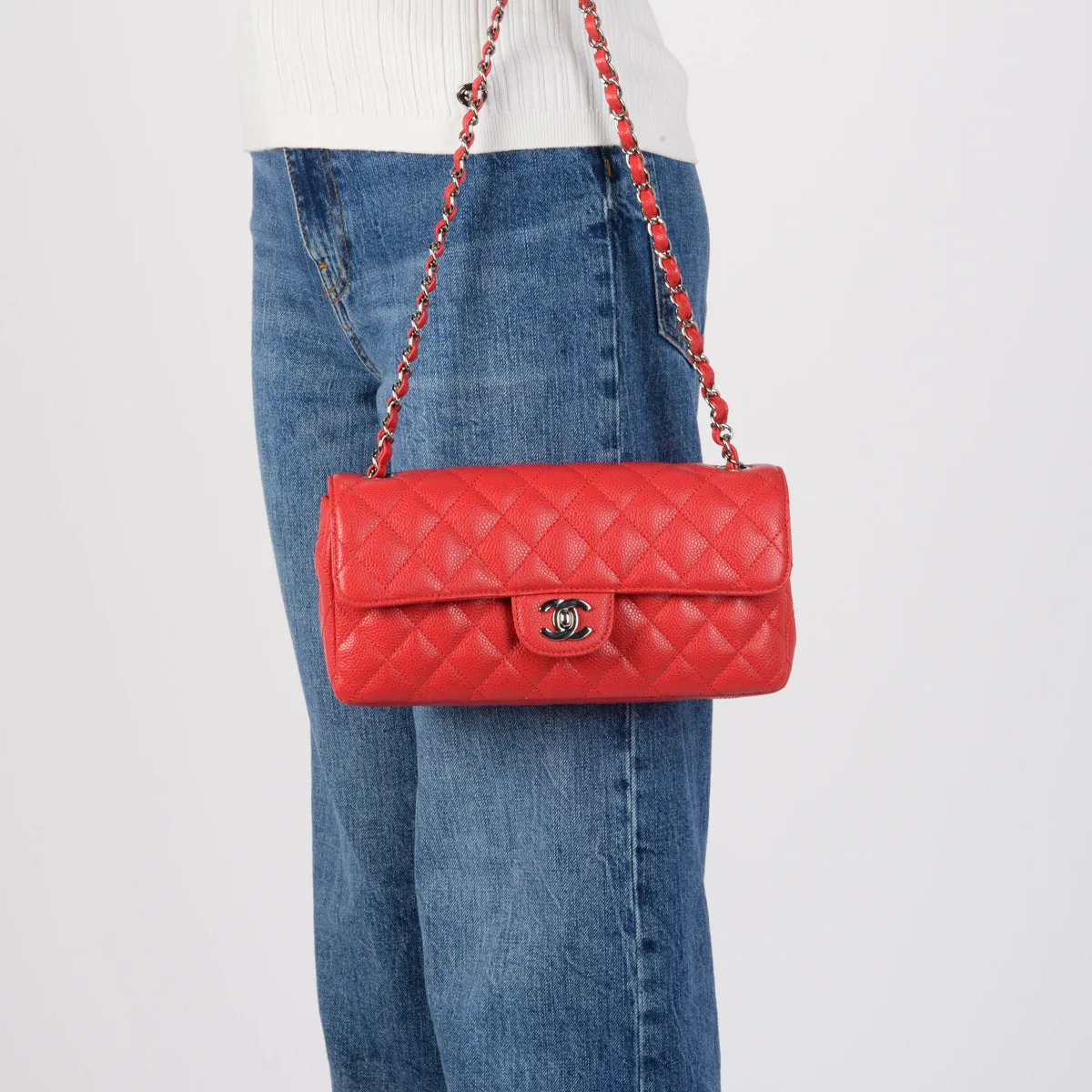 Chanel Red Caviar Leather East West Flap Bag