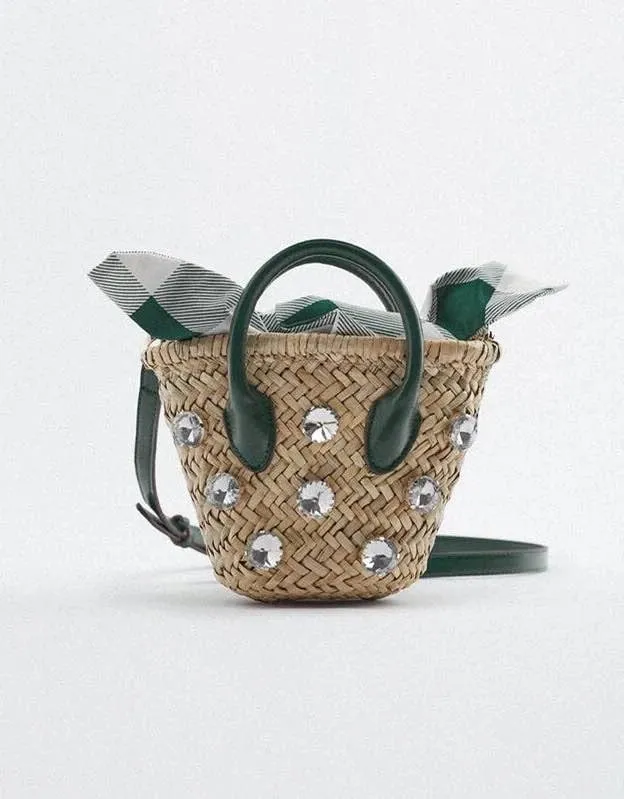 Diamond Straw Mini Bucket Bag