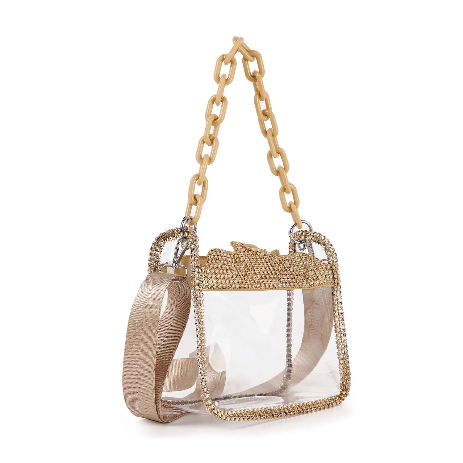 Gold Rhinestone Clear Stadium Shoulder Bag