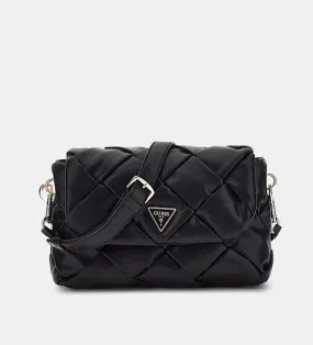 GUESS ZAINA WOVEN FLAP SHOULDER BLACK BAG