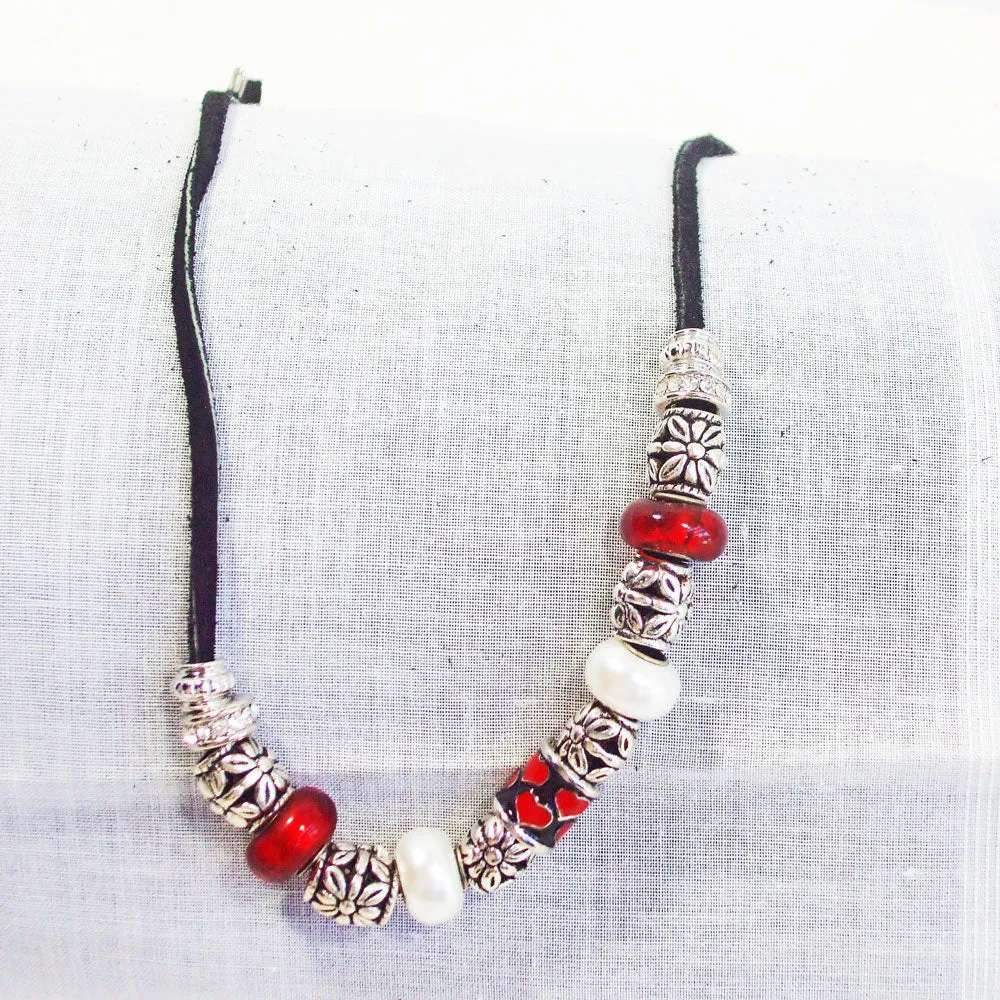 Heltu, Red, Silver on Black Leather Cord Necklace