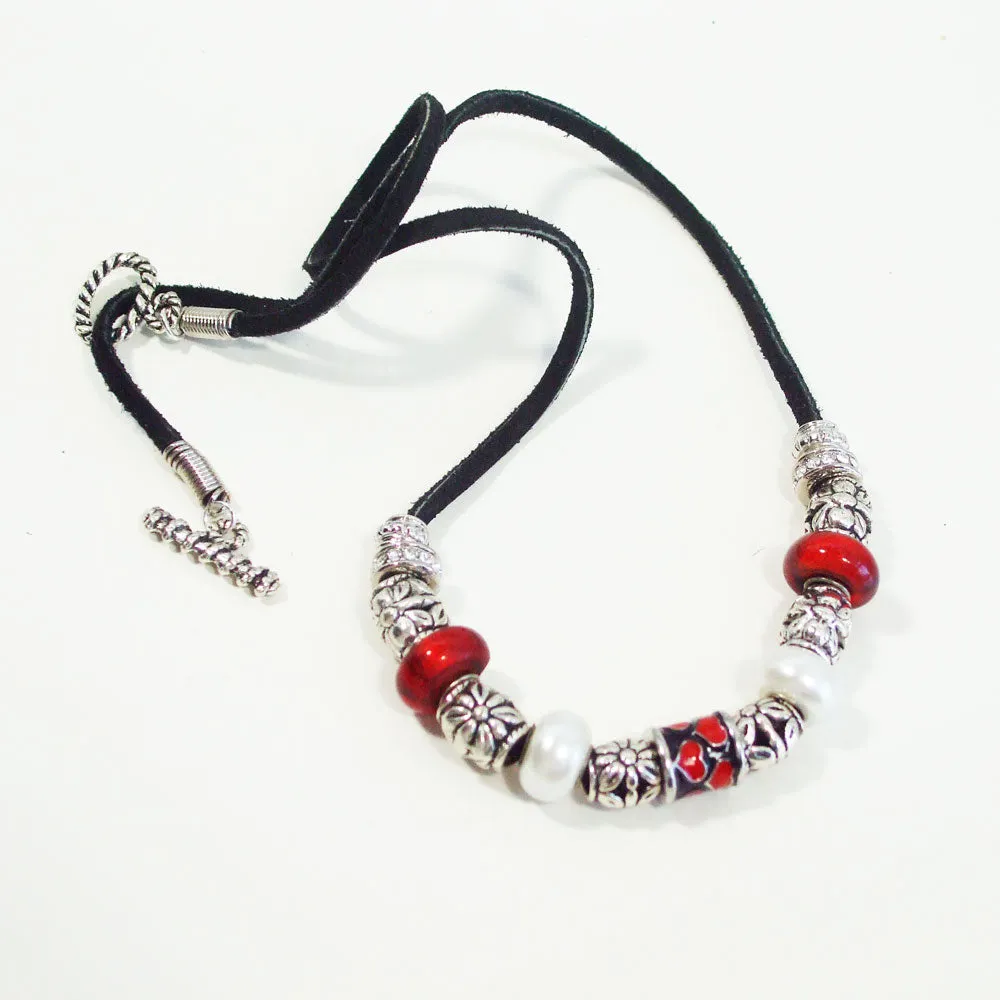 Heltu, Red, Silver on Black Leather Cord Necklace