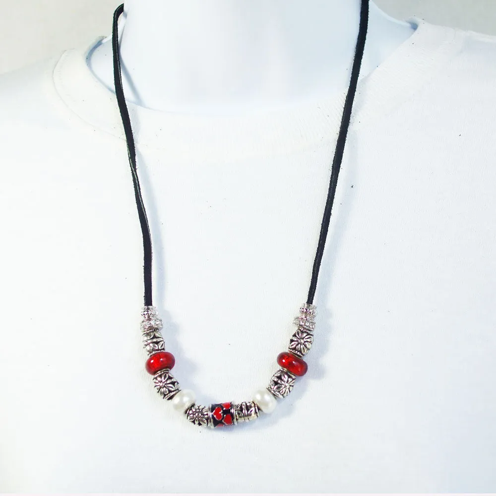 Heltu, Red, Silver on Black Leather Cord Necklace