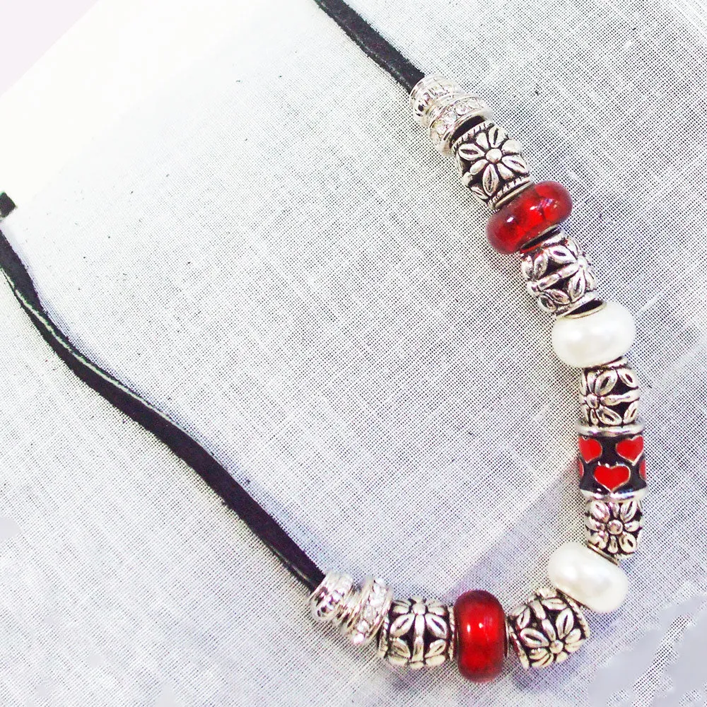 Heltu, Red, Silver on Black Leather Cord Necklace