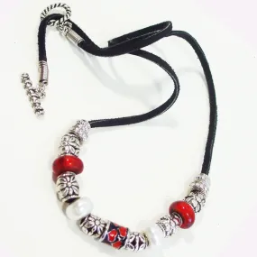 Heltu, Red, Silver on Black Leather Cord Necklace