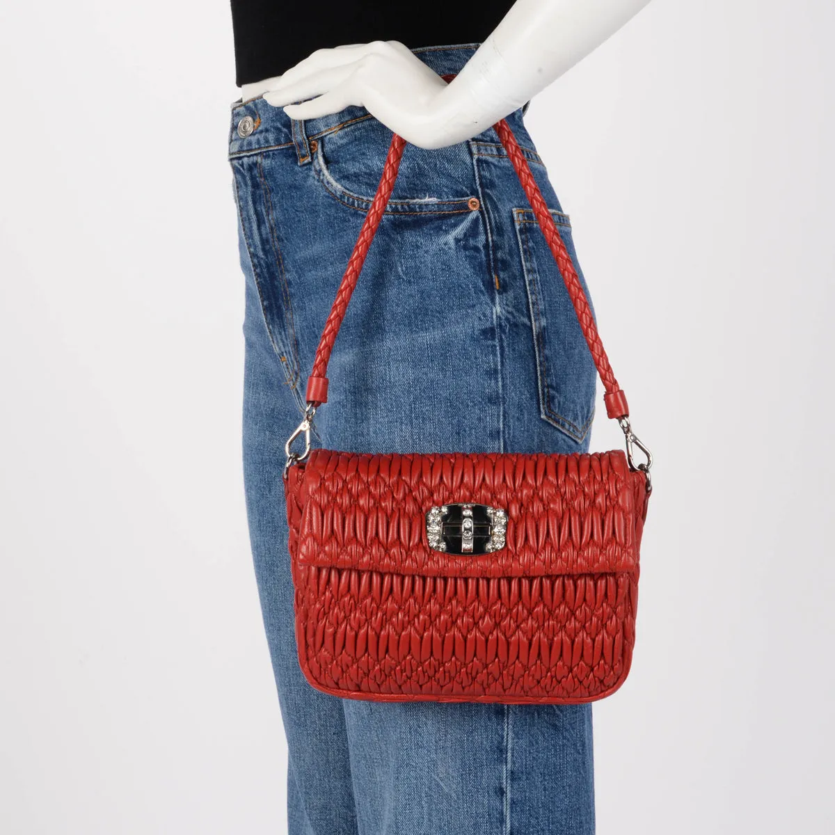 Miu Miu Red Matelasse Crystal Strap Shoulder Bag