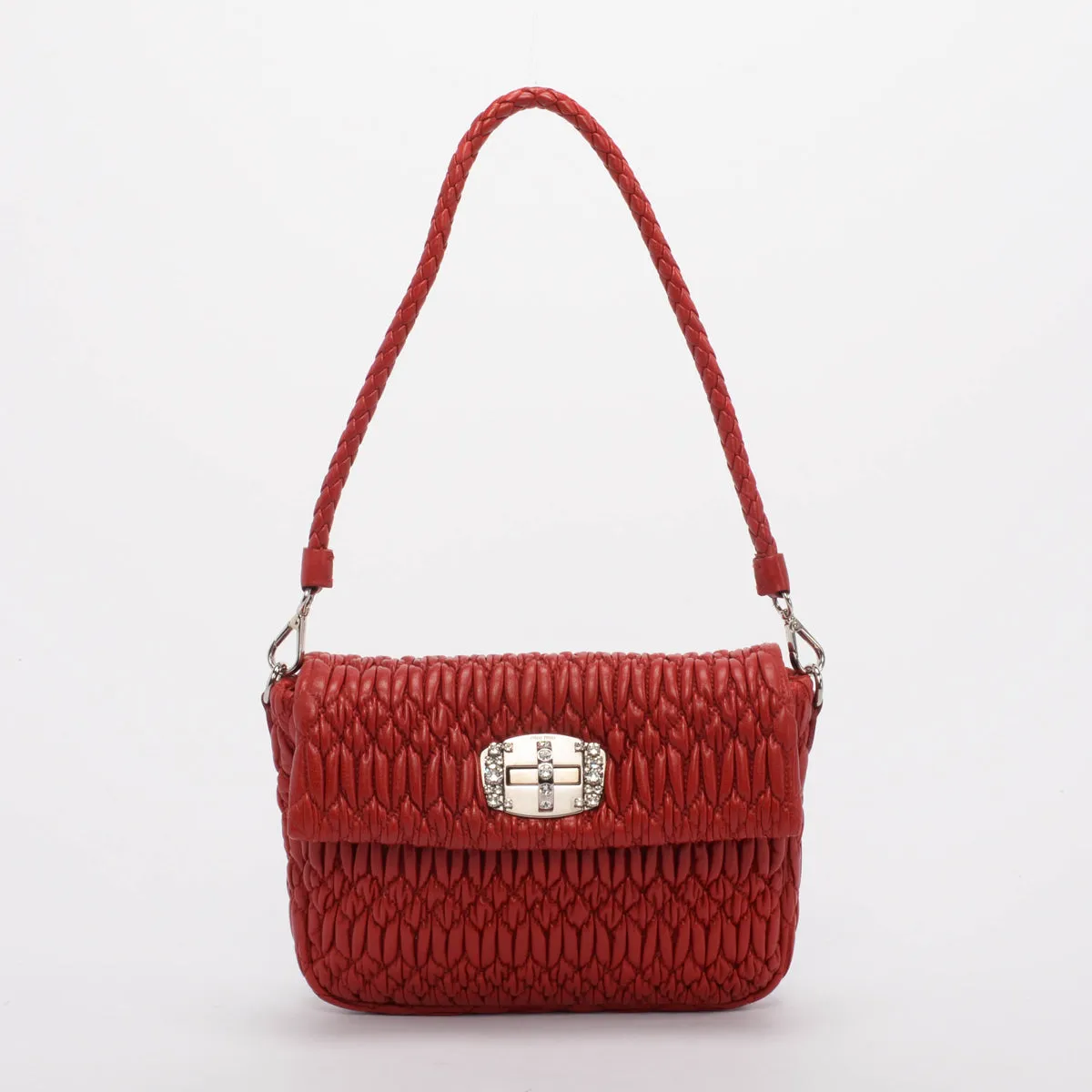 Miu Miu Red Matelasse Crystal Strap Shoulder Bag