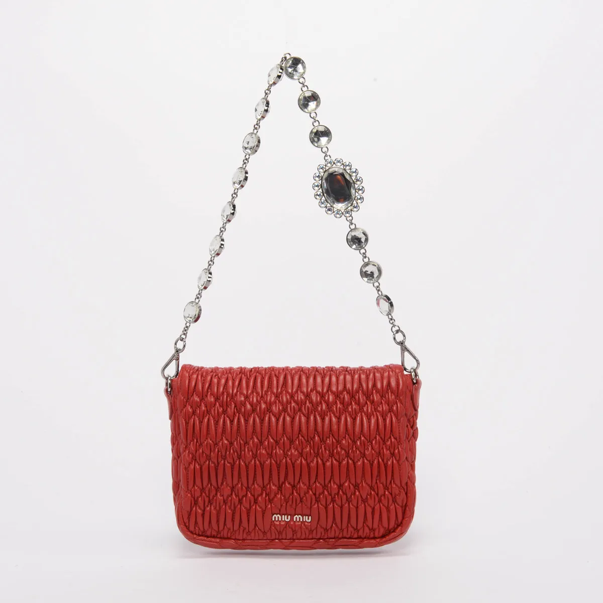 Miu Miu Red Matelasse Crystal Strap Shoulder Bag