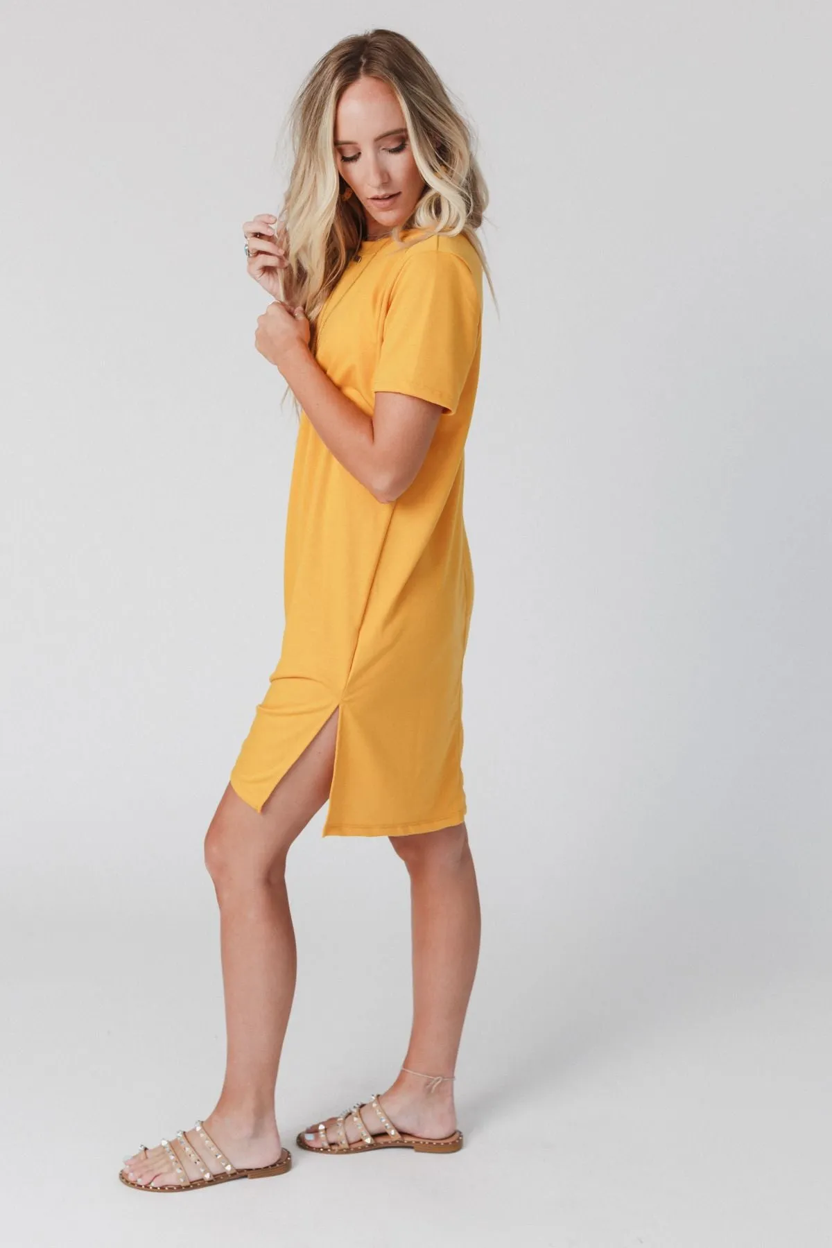 On The Daily Oversized Slit Tee Dress - Mustard