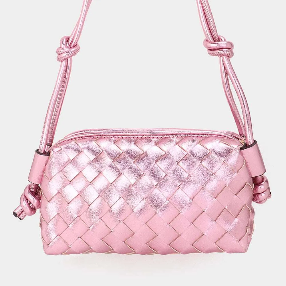 Pink Metallic Faux Leather Weaved Crossbody Bag