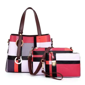 Red Patterned PU Leather Handbag Set of 3 Bags