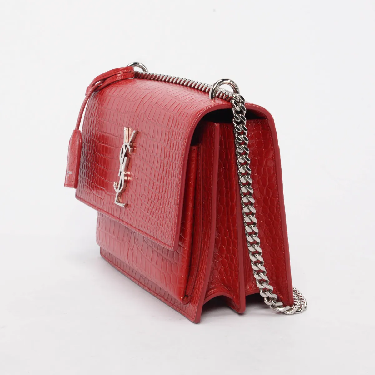 Saint Laurent Red Croc Embossed Medium Sunset Shoulder Bag