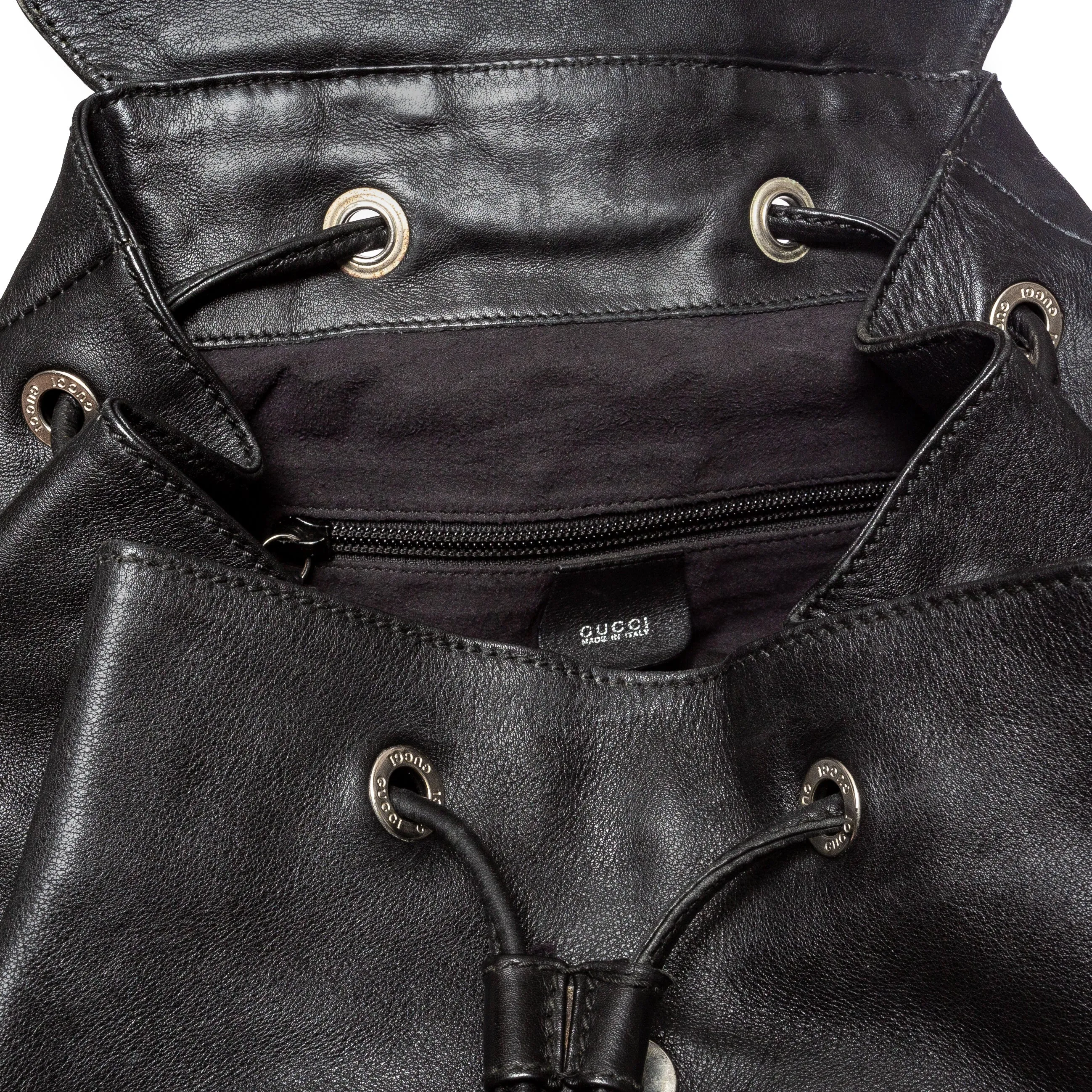 Vintage Black Leather Drawstring Backpack