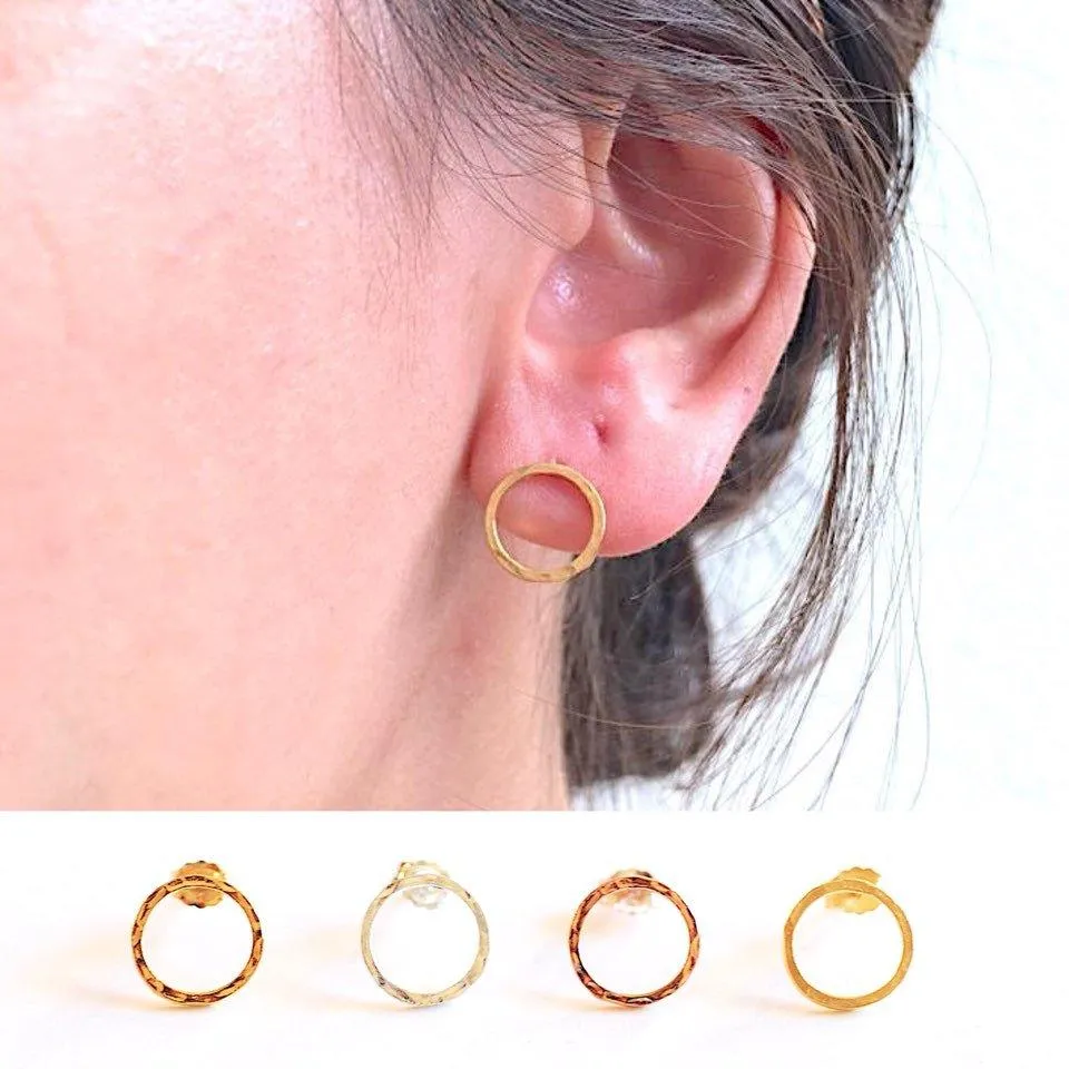 Wholesale Circle Stud Earrings- 925 Sterling Silver, Gold, Rose Gold, Hammered circle stud earrings, 10mm Circle post earrings, minimalist earrings